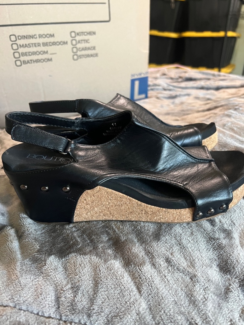 Bouton Black Leather Cork Wedge Slingback Sandals - Women's